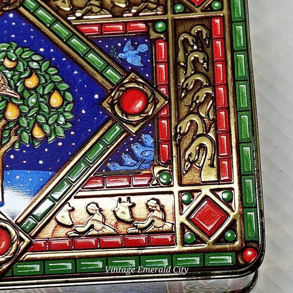 Vtg Retro Tin Box Milky Way 1998 Canister 12 Days Christmas Stained Glass Chest - Picture 14 of 15